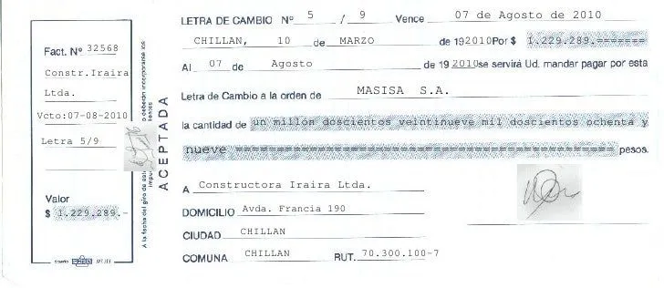 Letra de cambio (llenada caso 1)