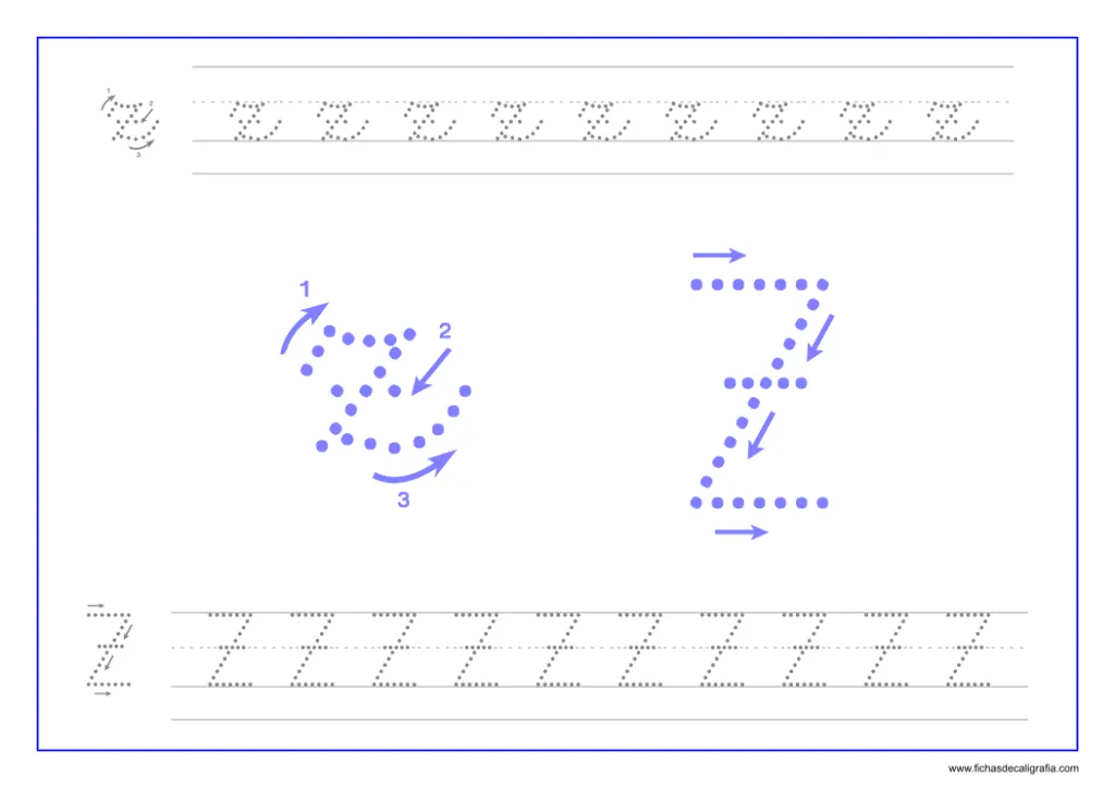 Letra "Z" en minúscula y mayúscula - Fichas de Caligrafía