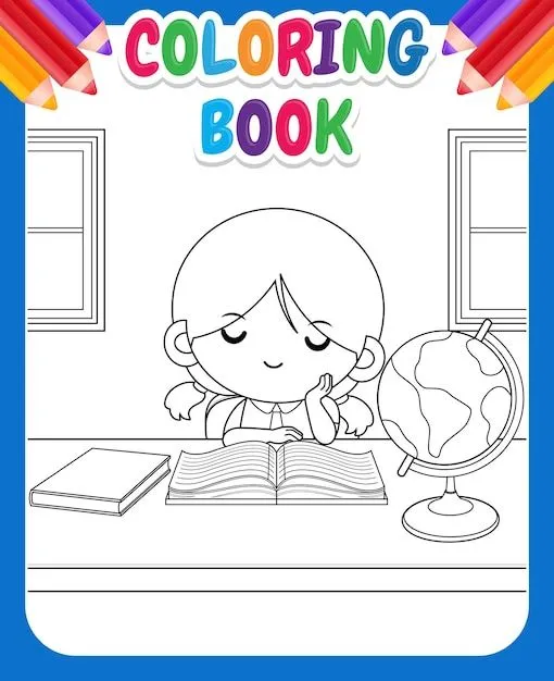 Libro para colorear para niños linda chica leyendo un libro y pensando |  Vector Premium