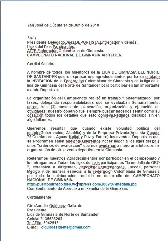 Liga de Gimnasia de Norte de Santander: MENSAJE DE AGRADECIMIENTO ...