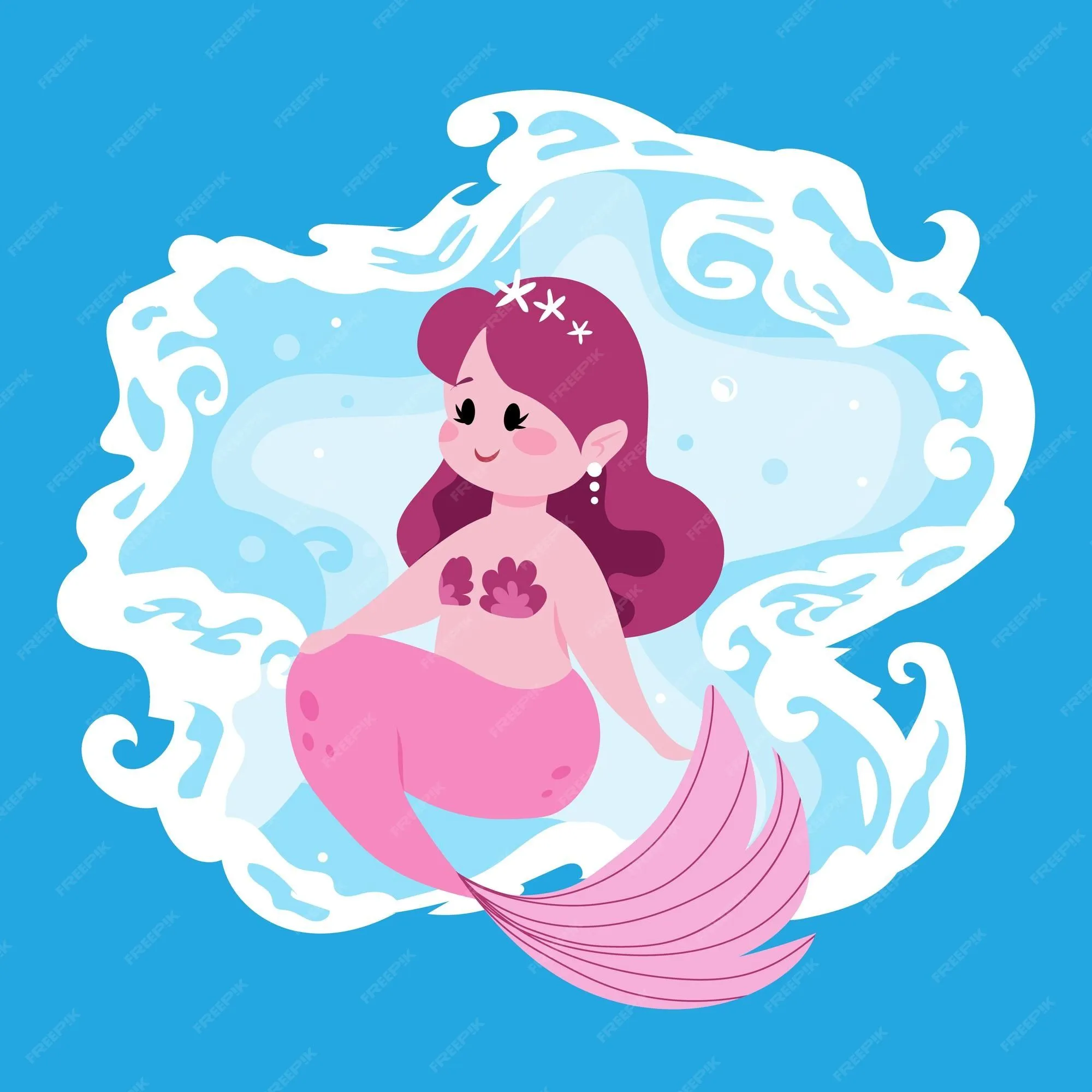 Linda hada sirena niña con cola de pez rosa princesa marina de dibujos  animados y olas del océano divertida ninfa de agua mitológica feliz joven  marinera vector personaje submarino ficticio | Vector