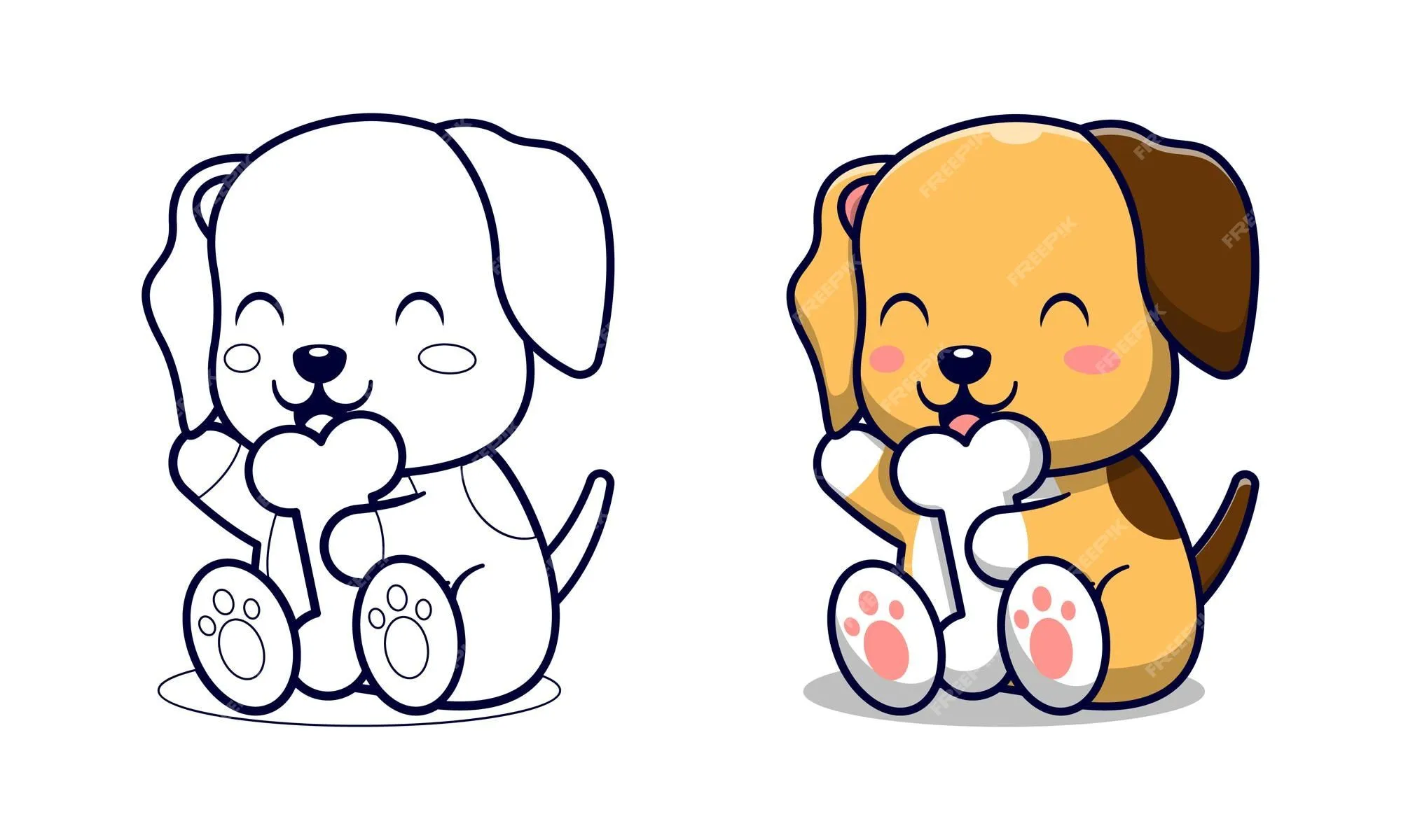 Lindo perro con huesos de dibujos animados para colorear páginas para niños  | Vector Premium