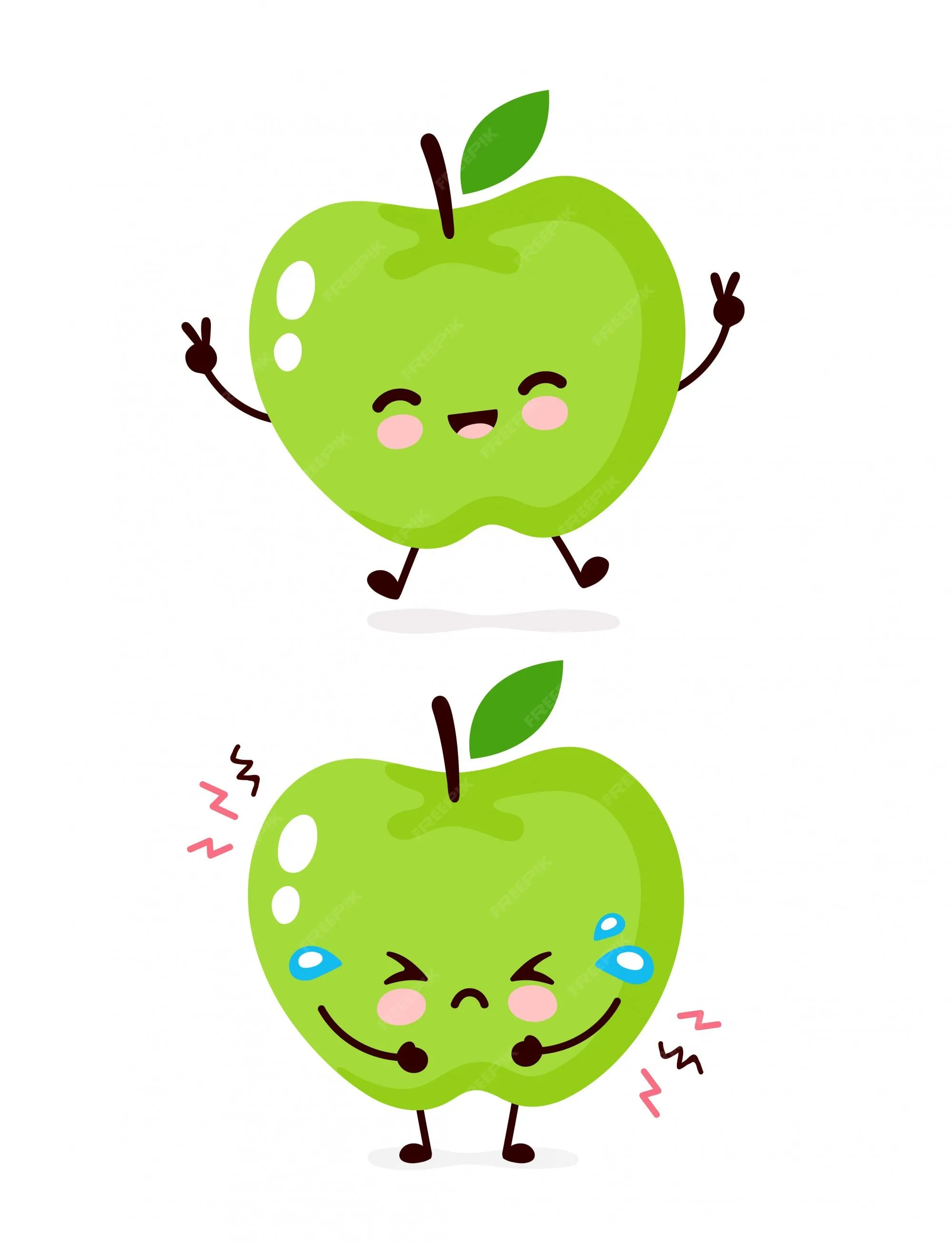 Lindo personaje sonriente feliz y triste llorar manzana. diseño de icono de ilustración de dibujos animados plana. aislado sobre fondo blanco concepto de personaje de apple | Vector Premium