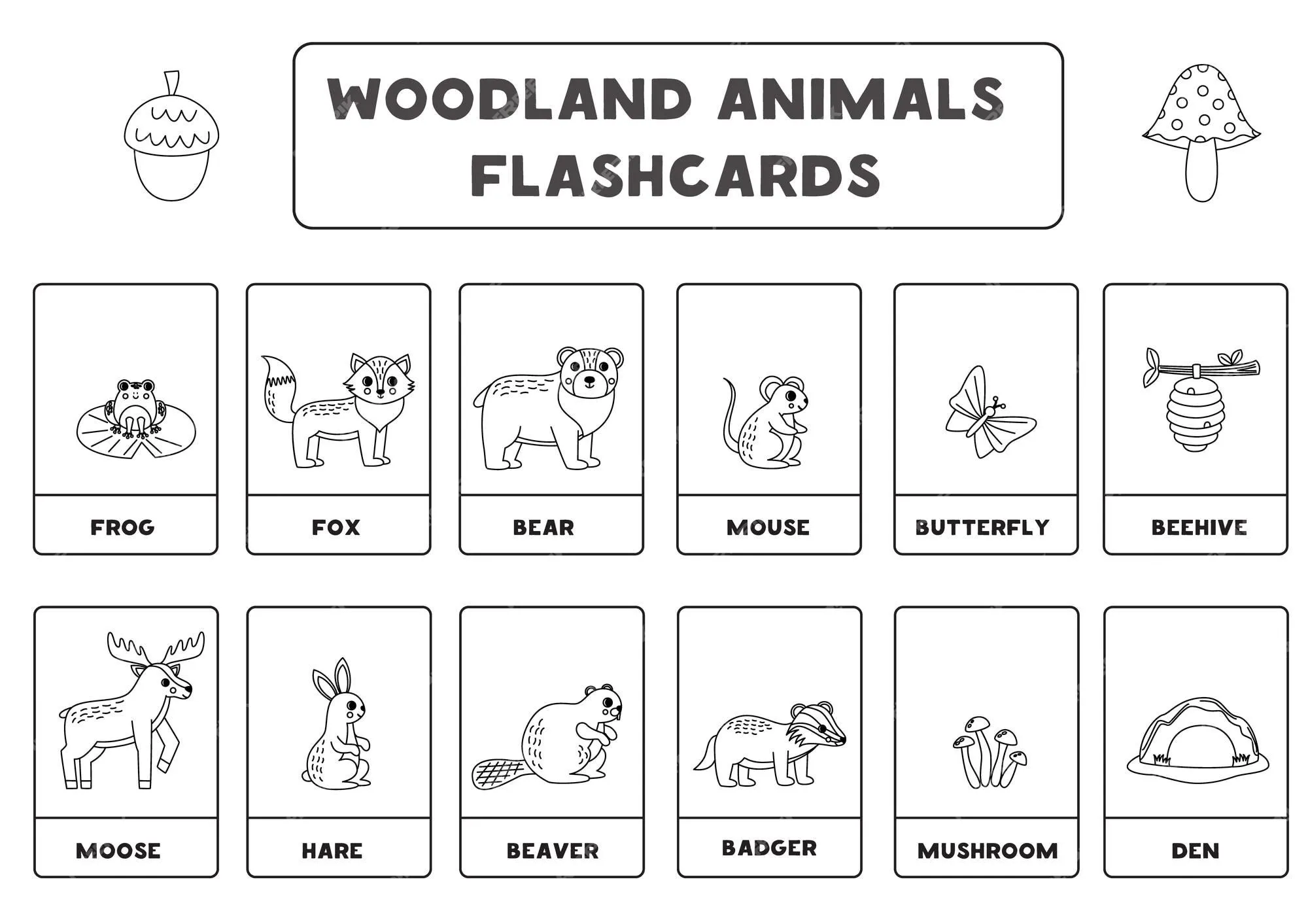 Lindos animales del bosque de dibujos animados con nombres tarjetas flash en blanco y negro | Vector Premium