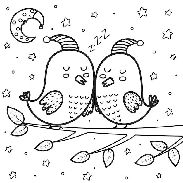 Lindos pájaros durmiendo en la noche para colorear página luna y estrellas  dulces sueños ilustración vectorial | Vector Premium