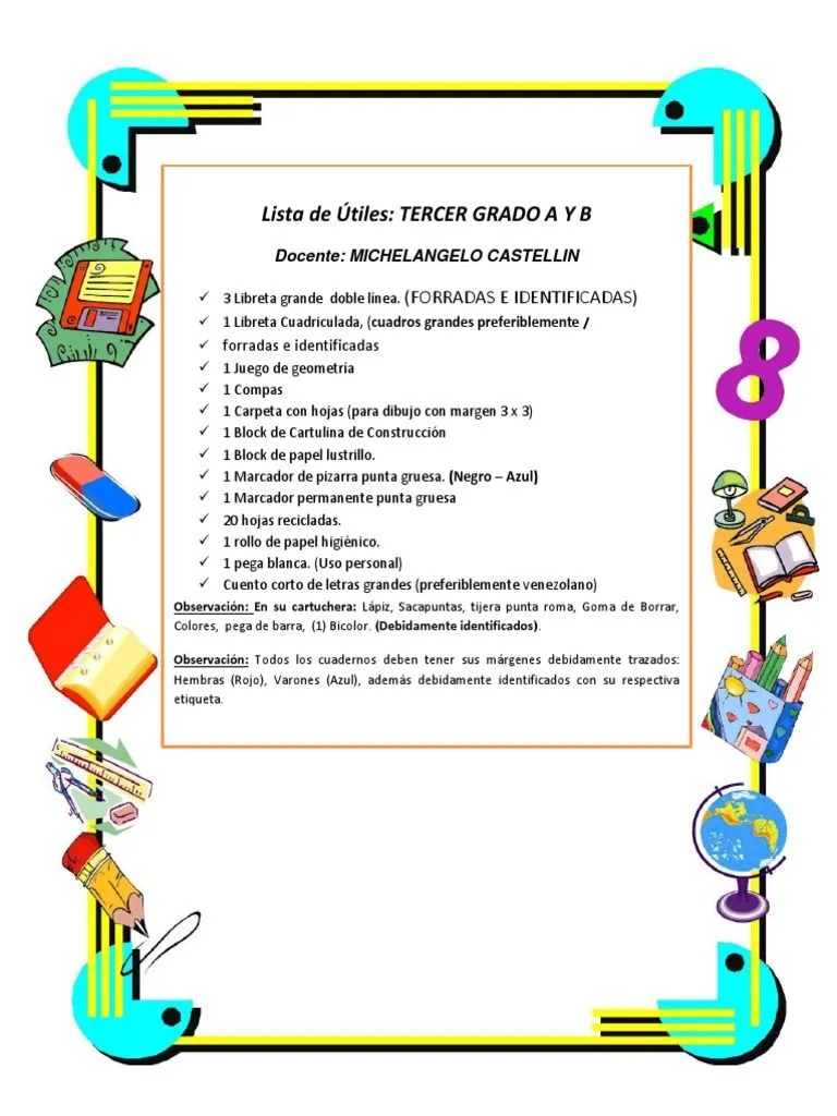 Lista de Útiles: TERCER GRADO A Y B: (Forradas E Identificadas) | PDF