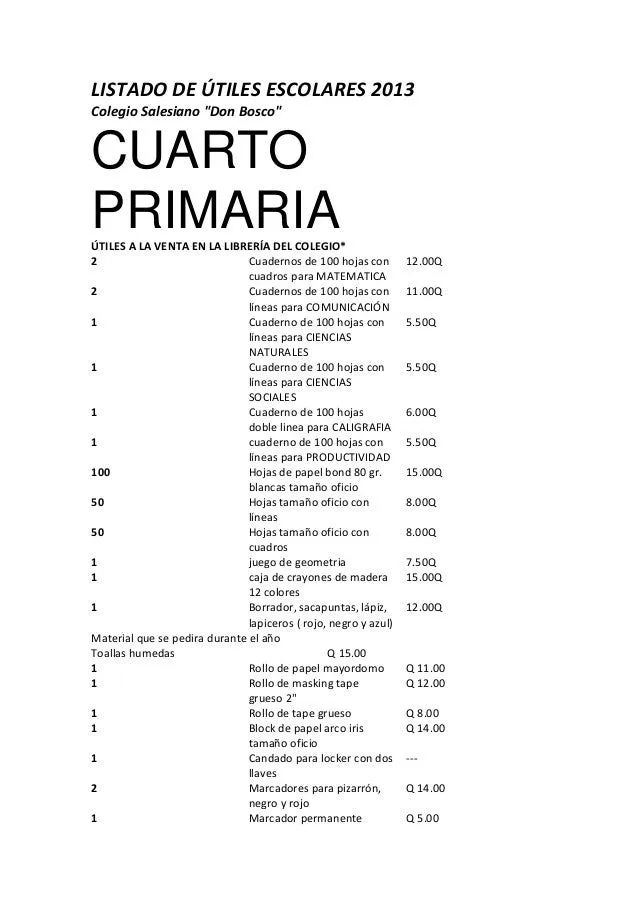 Listado de útiles escolares 2013