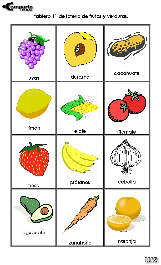 Loterias de frutas en inglés para imprimir - Imagui