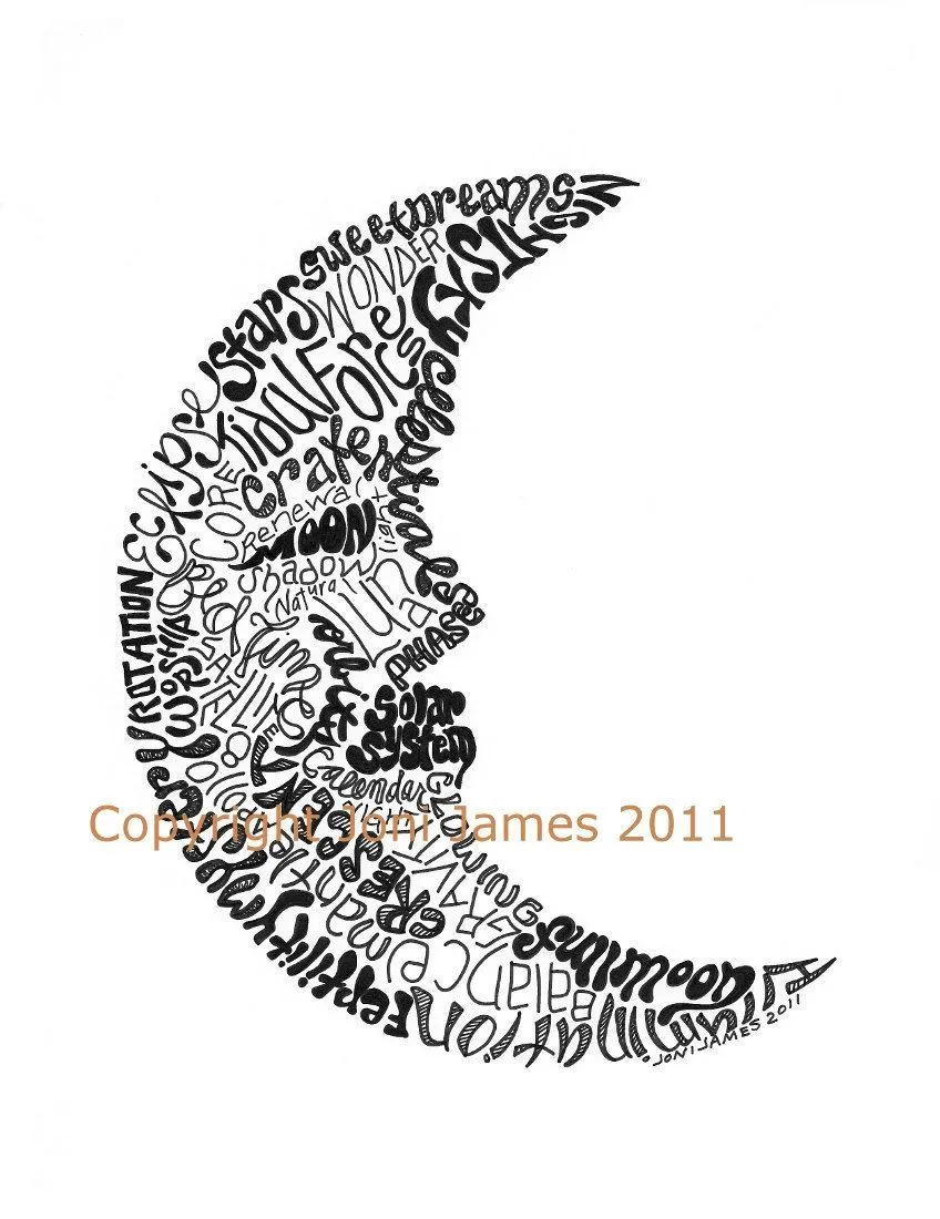 Luna con palabras | Word drawings, Crescent moon art, Typographic portrait