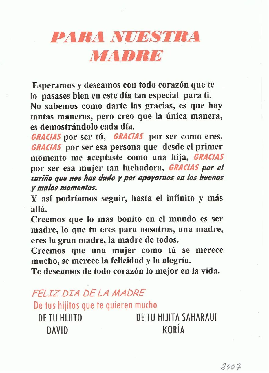 Día de la madre dedicatoria de David y Koria año 2007 ...