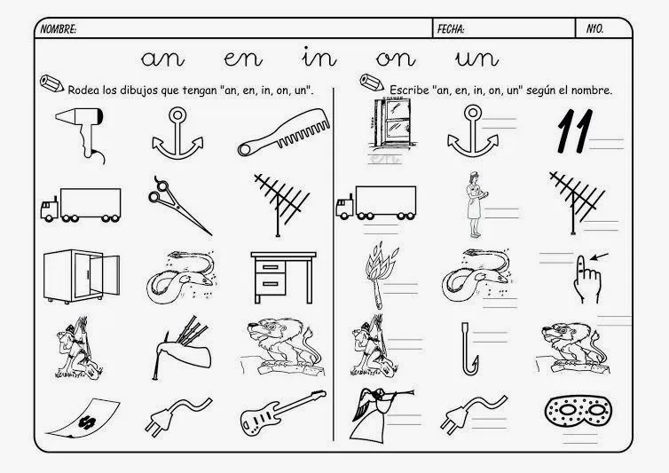 Maestra de Primaria: Fichas: na, ne, ni, no, nu, an, en, in, on, un.