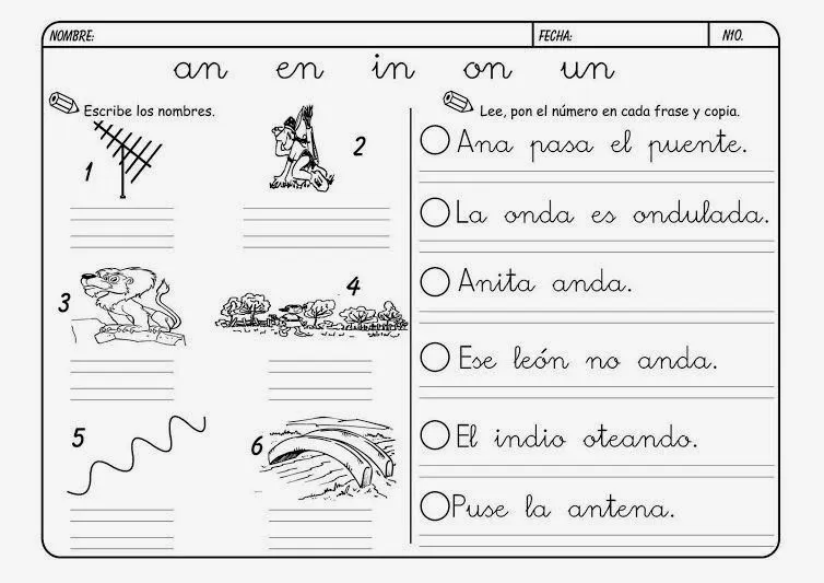 Maestra de Primaria: Fichas: na, ne, ni, no, nu, an, en, in, on, un.