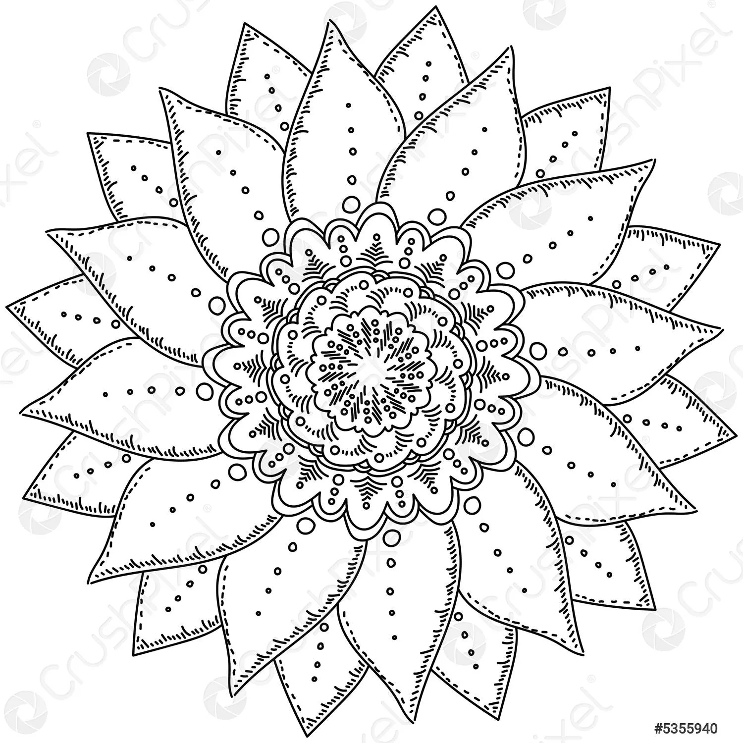 Mandala flor con pétalos afilados en dos capas, zen - vector de stock  5355940 | Crushpixel