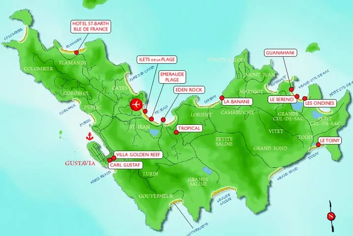 Map Of St. Barts Island | St Barts Hotel Map | Restaurant Location Map