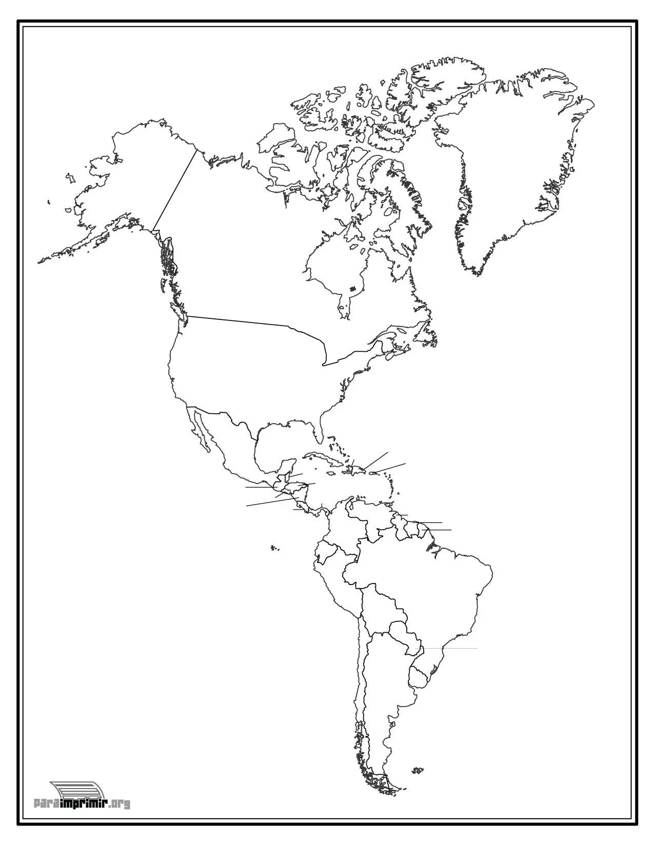 Mapa de América con división política sin nombres para imprimir en PDF 2023