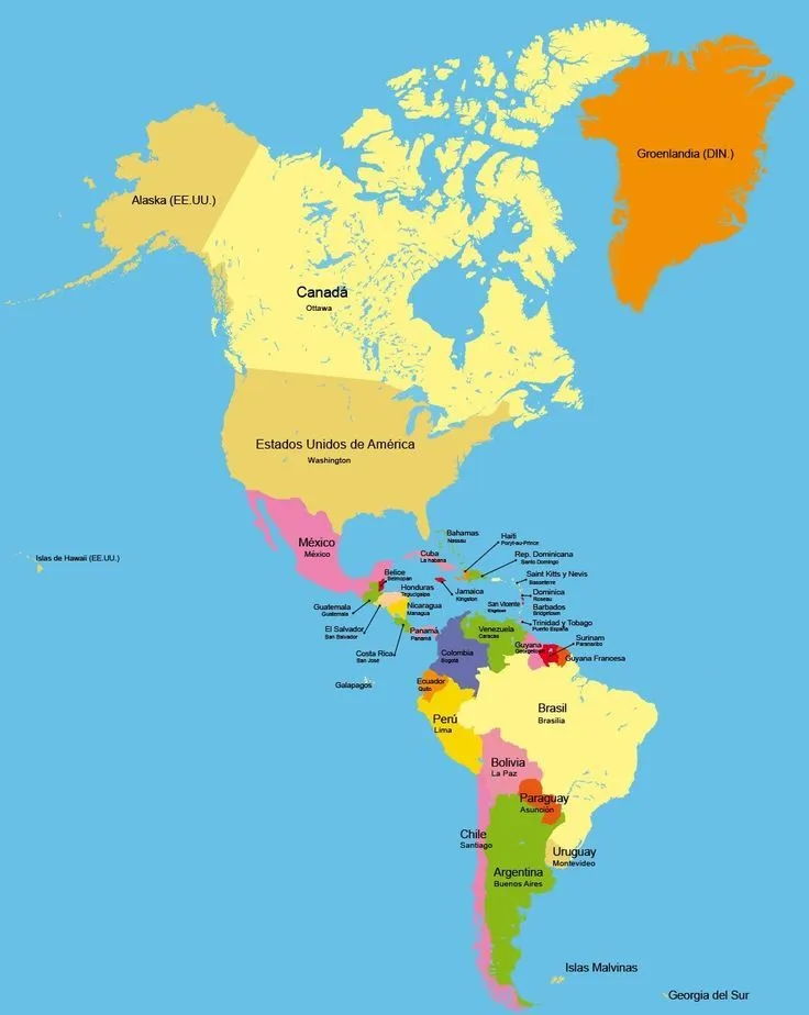 Mapa de América con nombres de países y capitales | Mapa de america,  Imágenes de mapas, America paises y capitales