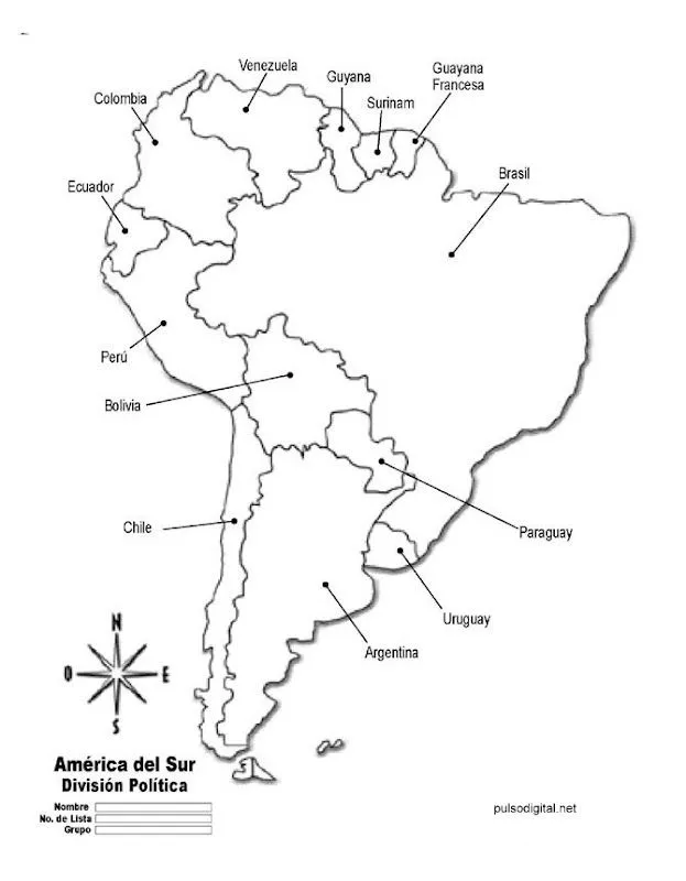 Mapa de América del Sur con división política y nombres de los ...