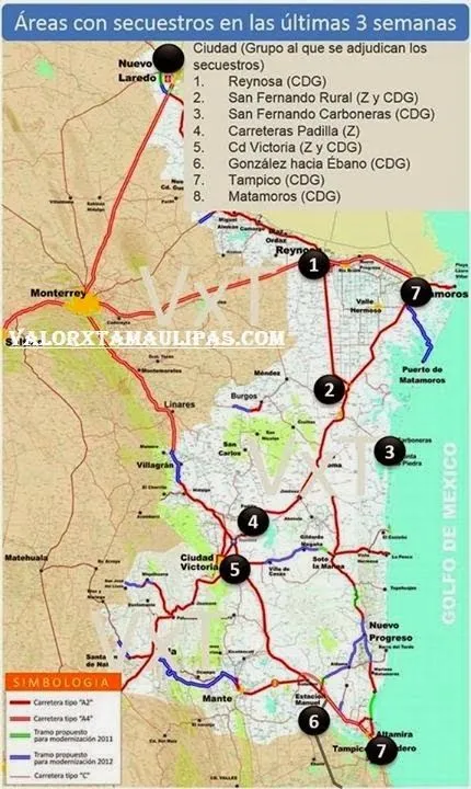 Mapa con áreas de secuestros en Tamaulipas por Los Zetas y CDG ...