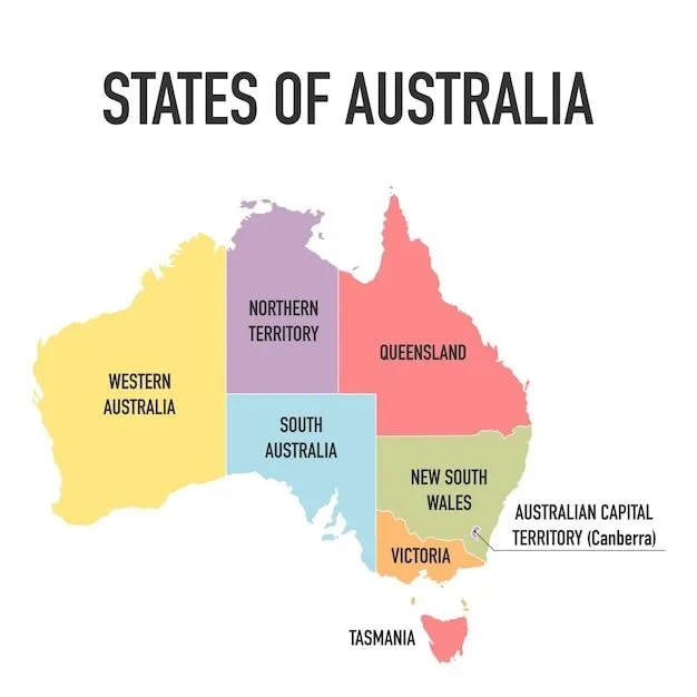 Mapa de australia nuevo mapa político detallado estados individuales  separados con nombres de estado | Vector Premium