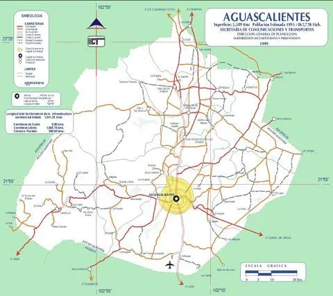 Mapa de carreteras del estado de Aguascalientes 1999