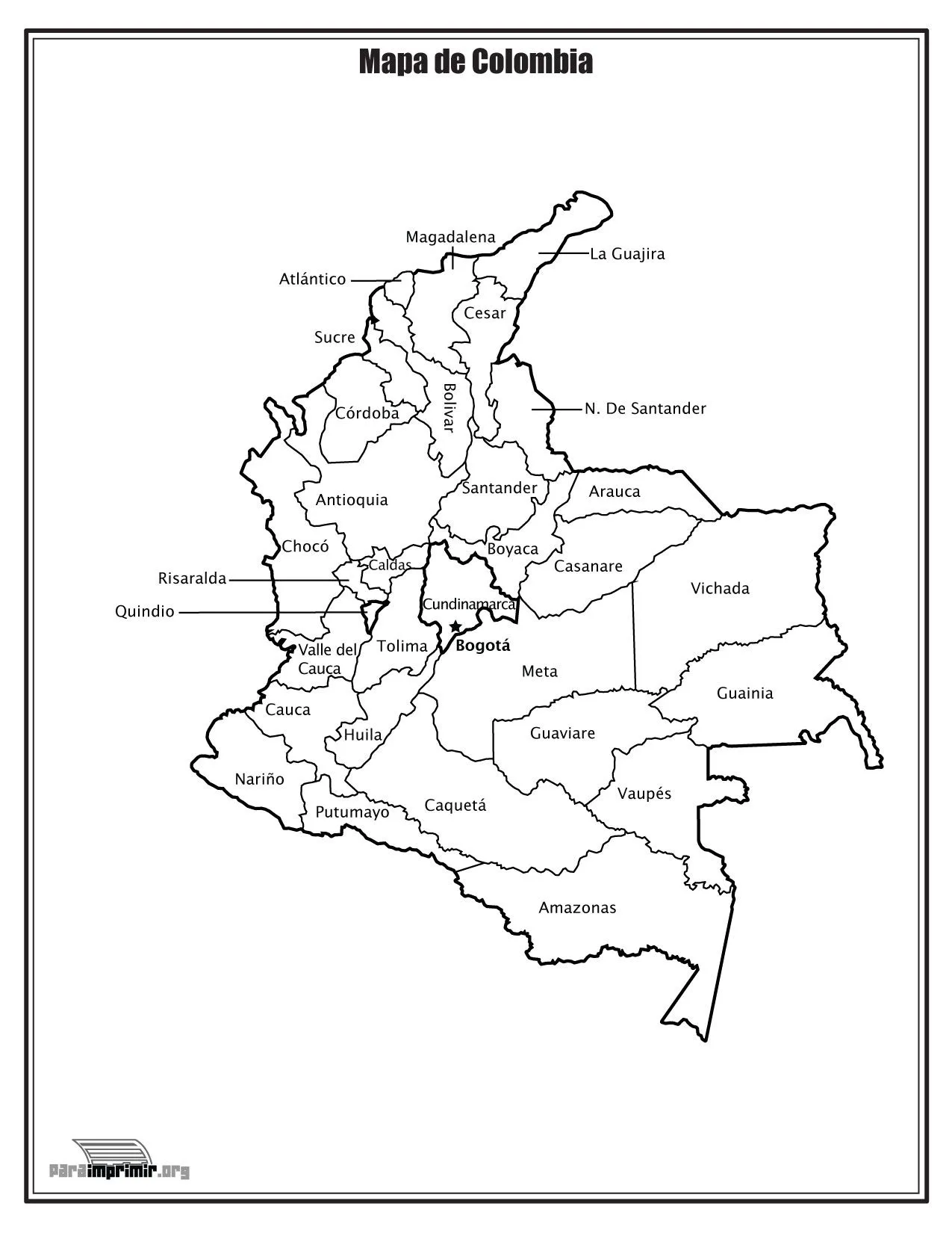 Mapa de Colombia con nombres para imprimir