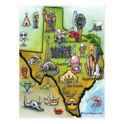 Mapa del dibujo animado de Tejas Tarjetas Postales de Zazzle.