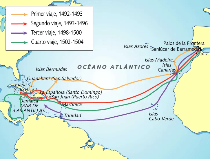 Este mapa enseña los 4 viajes de Cristóbal Colón. | Viajes de cristobal  colon, Viajes de colon, Rutas de cristobal colon