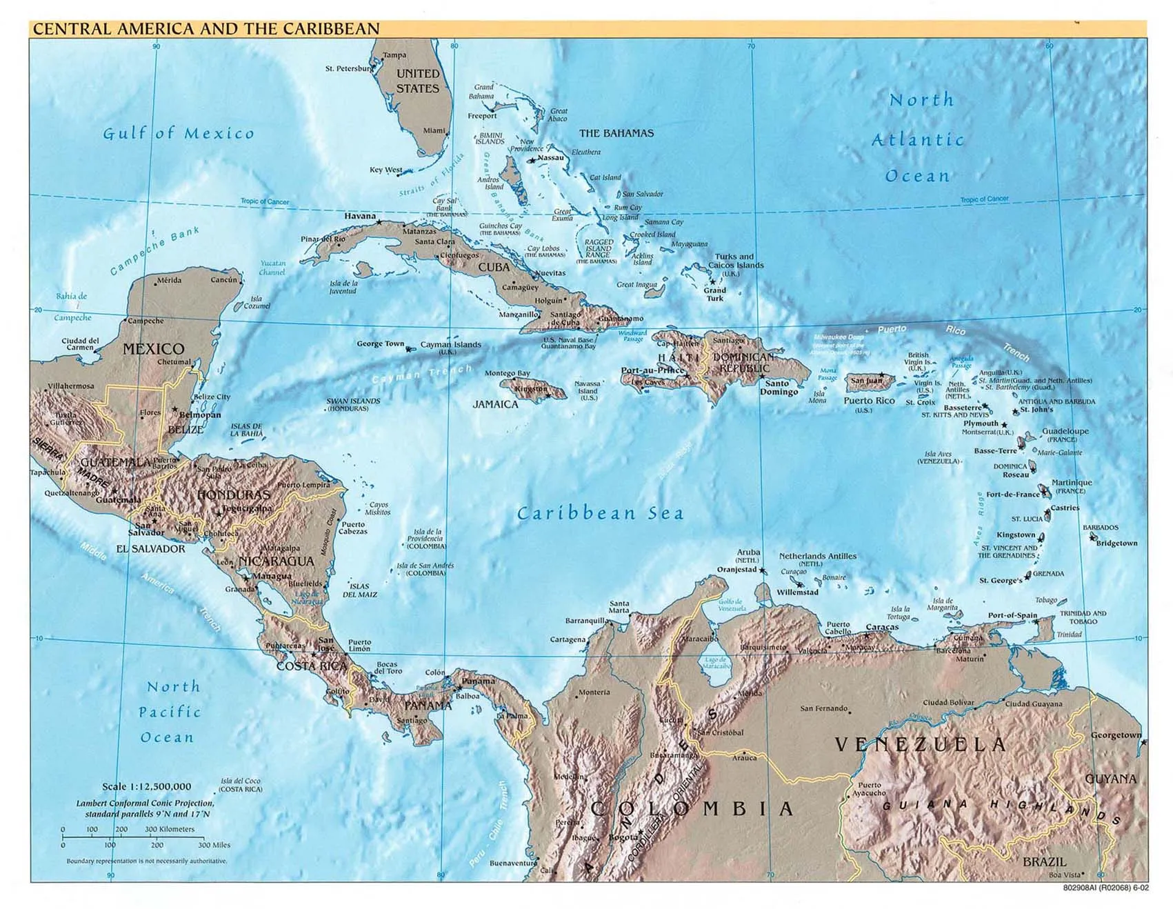 Mapa Físico de América Central y del Caribe 2002 - Tamaño completo