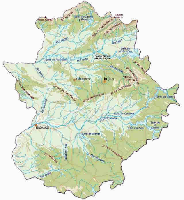 Mapa Físico Extremadura (Ríos y Sierras) | Mapa-