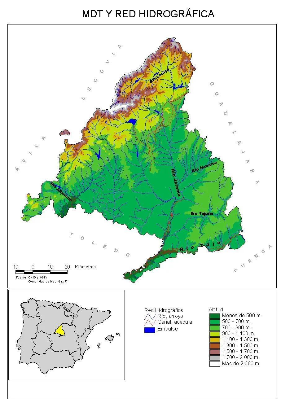 Mapa físico hidrológico Comunidad de Madrid - Tamaño completo