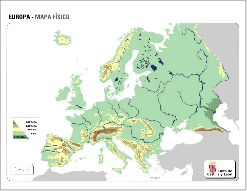 Mapa físico mudo de Europa Mapa de ríos y montañas de Europa. IGN ...