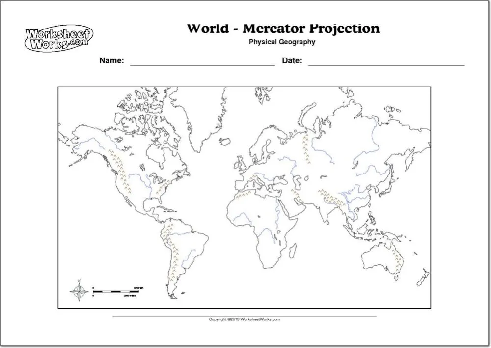 Mapa físico mudo del Mundo Mapa mudo de ríos y montañas del Mundo ...