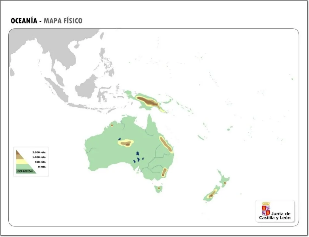 Mapa físico mudo de Oceanía Mapa de relieve de Oceanía. JCyL ...