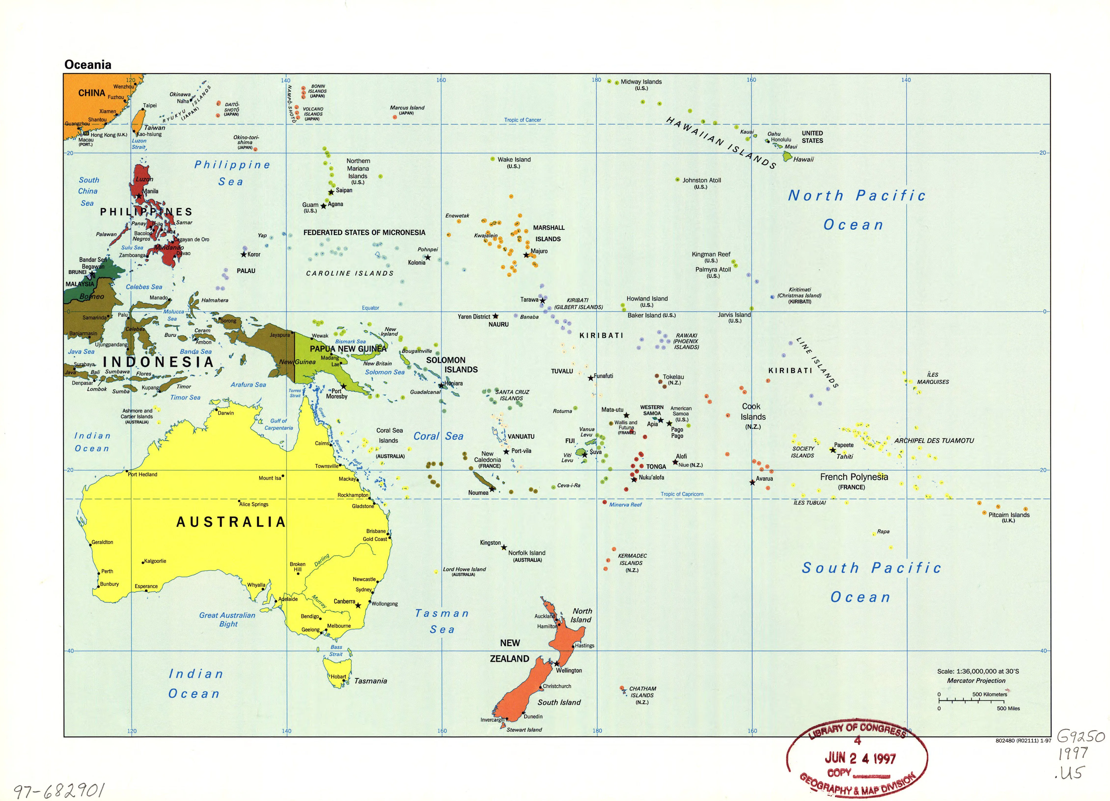 Mapa grande política detallada de Oceanía con marcas de capitales, grandes  ciudades y nombres de los estados - 1997 | Oceanía | Mapas del Mundo