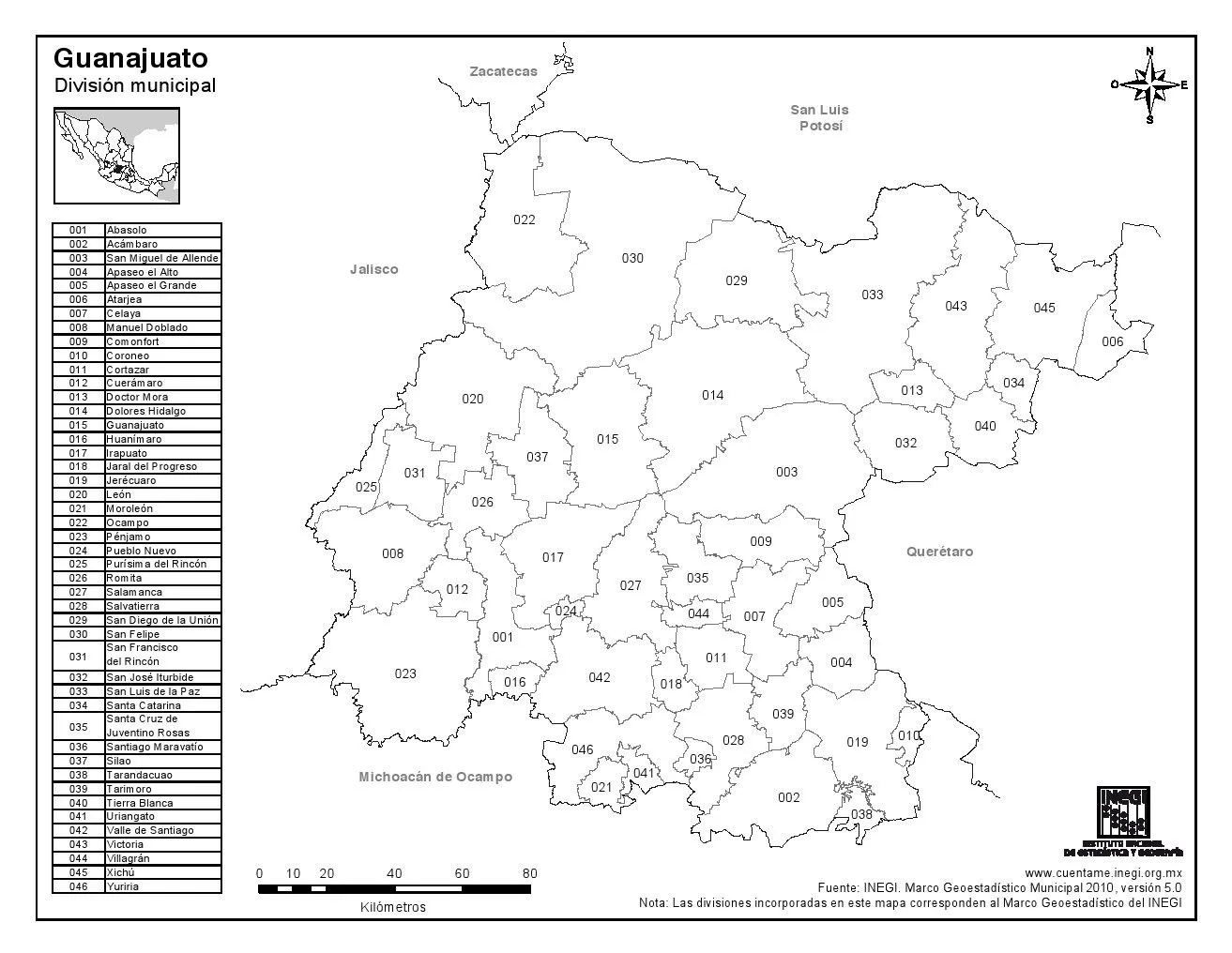 Mapa para imprimir de Guanajuato Mapa de municipios de Guanajuato ...