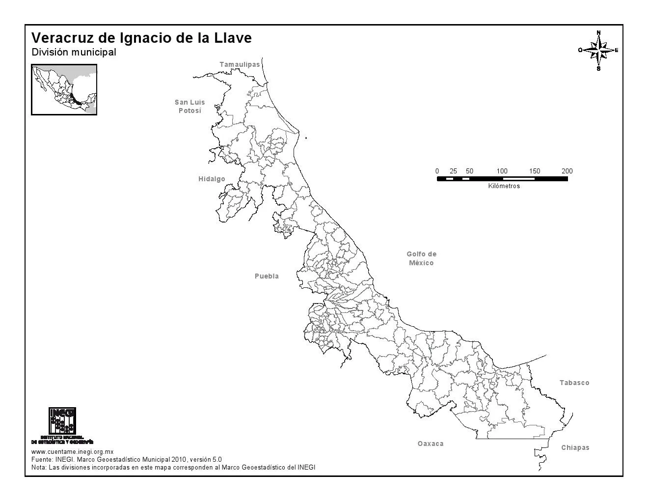 Mapa para imprimir de Veracruz Mapa mudo de Veracruz. INEGI de ...