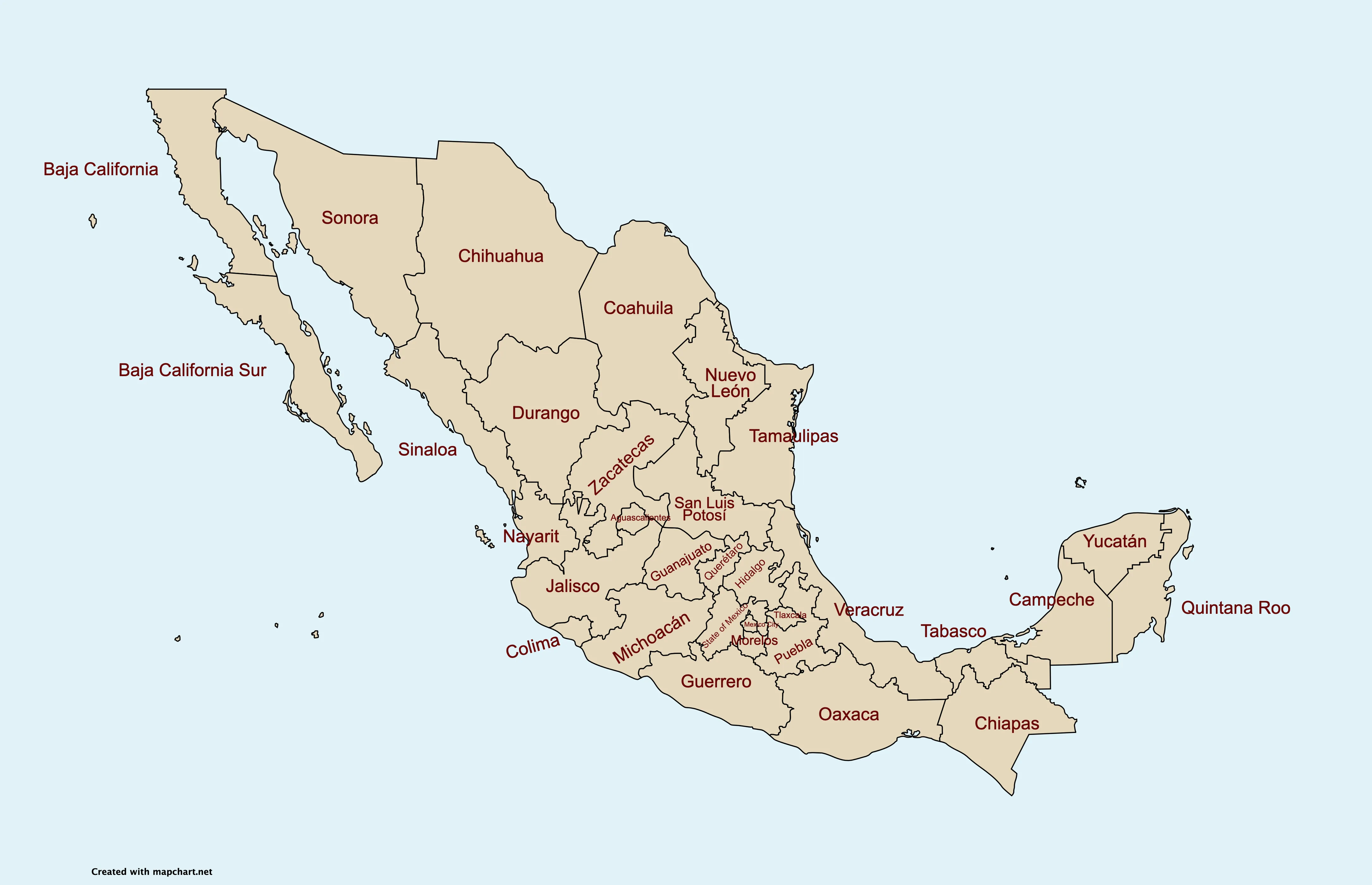 ▷ Mapa de México con nombres y división política por estados