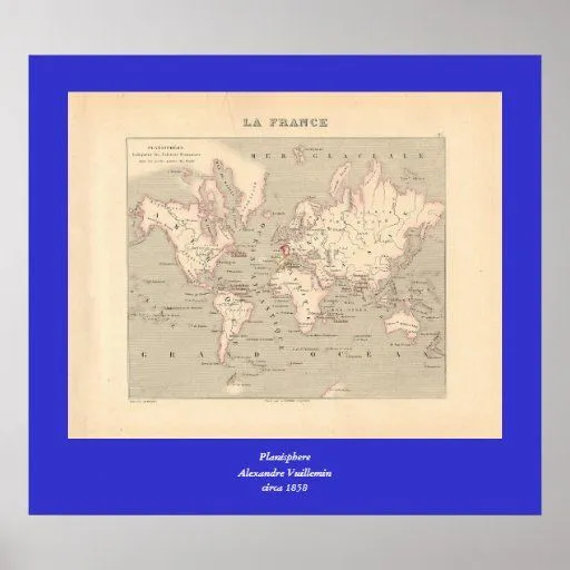 Mapa del mundo 1858: Planisferio - Francia Impresiones de Zazzle.