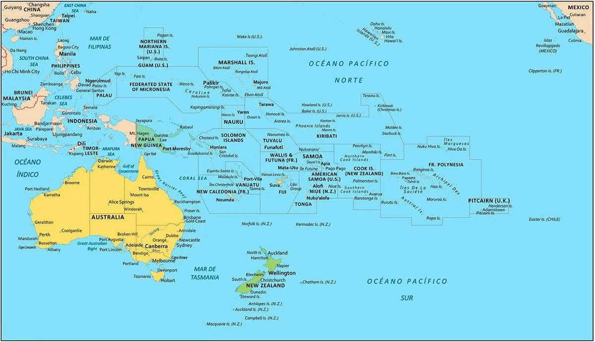 Mapa de Oceanía: Político y Físico (Mudo y Relleno) + Países
