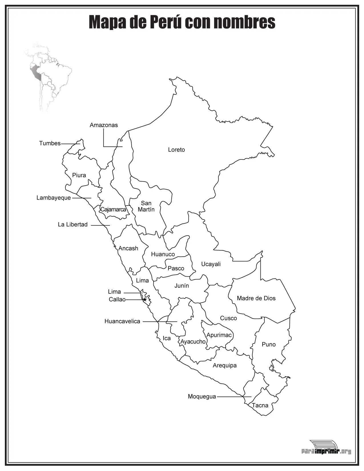 Mapa de Perú con nombres para imprimir