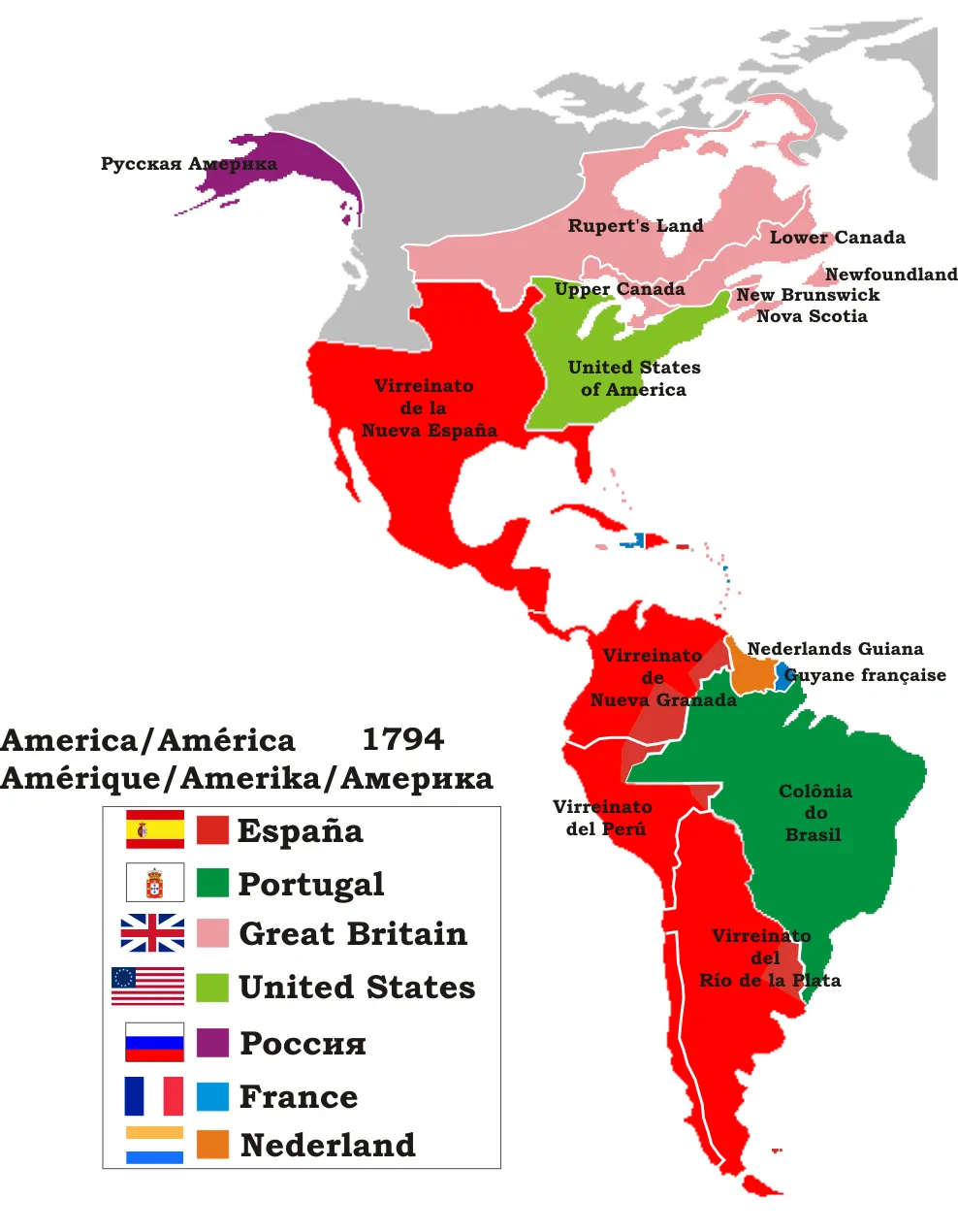 Mapa político de América en 1794. Muestra el nombre de las ...