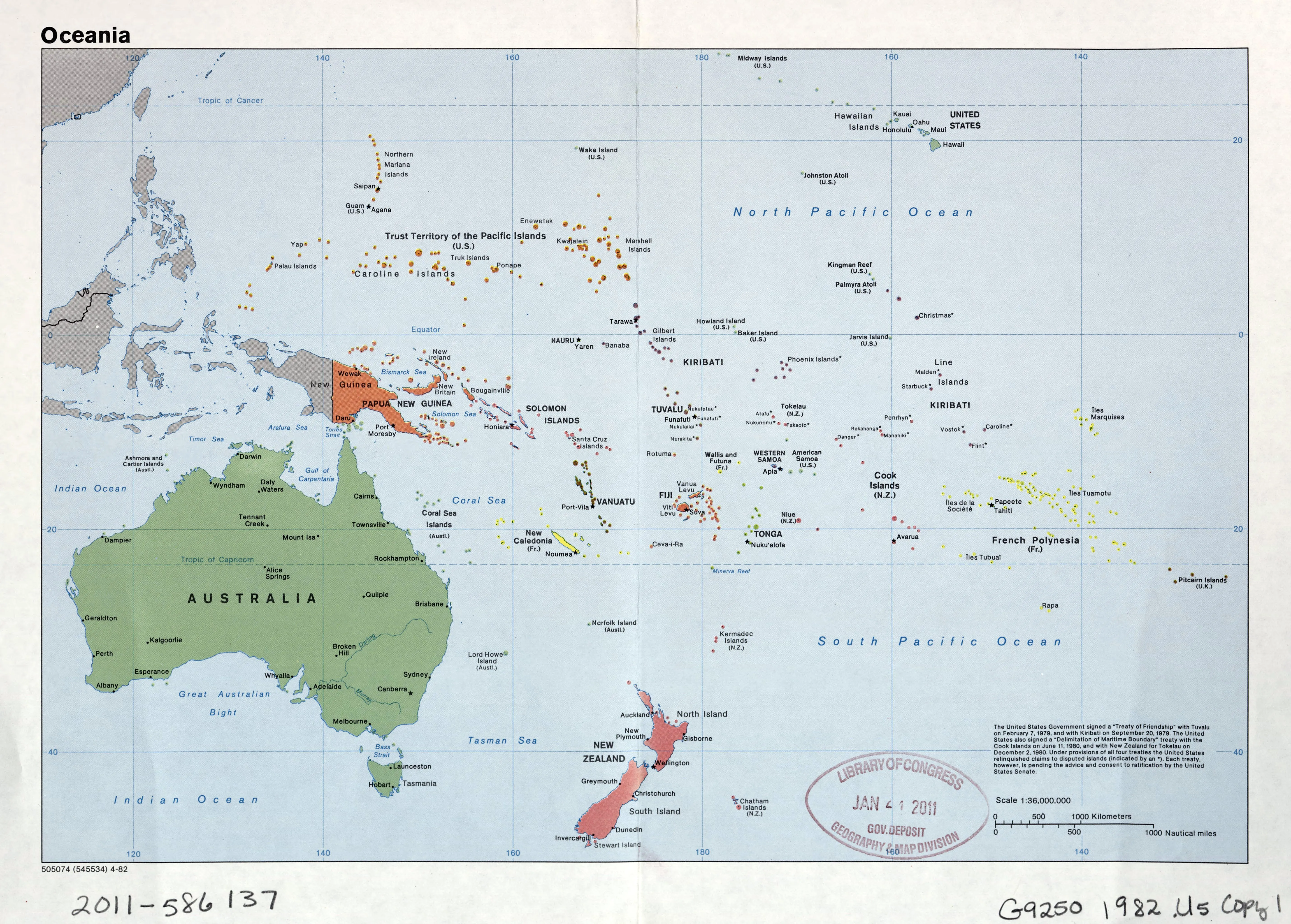 Mapa político a gran escala de Oceanía con marcas de capitales, grandes  ciudades y nombres de los estados - 1982 | Oceanía | Mapas del Mundo
