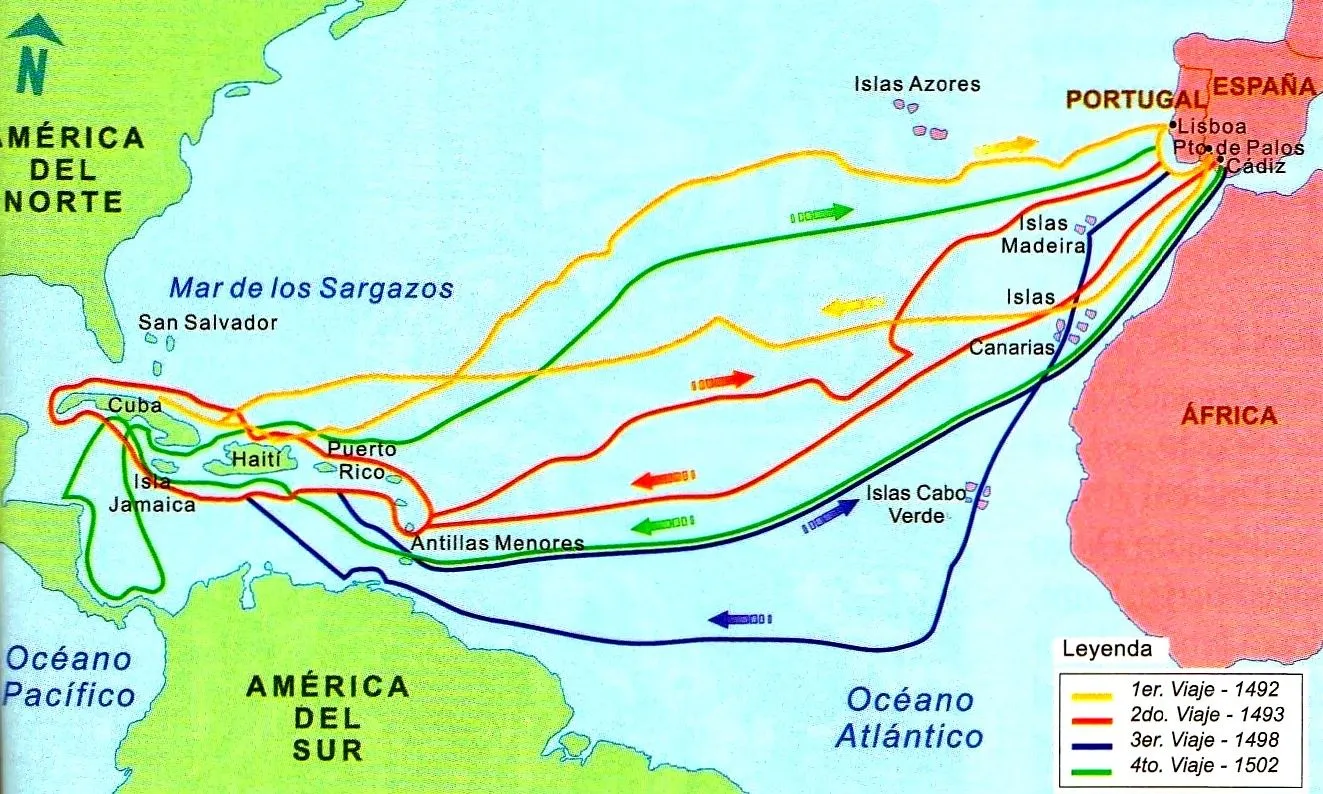 Mapa de los viajes de Cristóbal Colón a América - Mapa de América