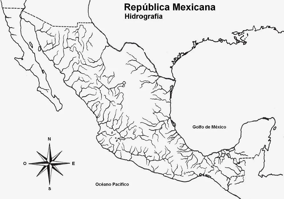 Mapas: Mapa Hidrográfico de México sin nombres - Blanco y Negro