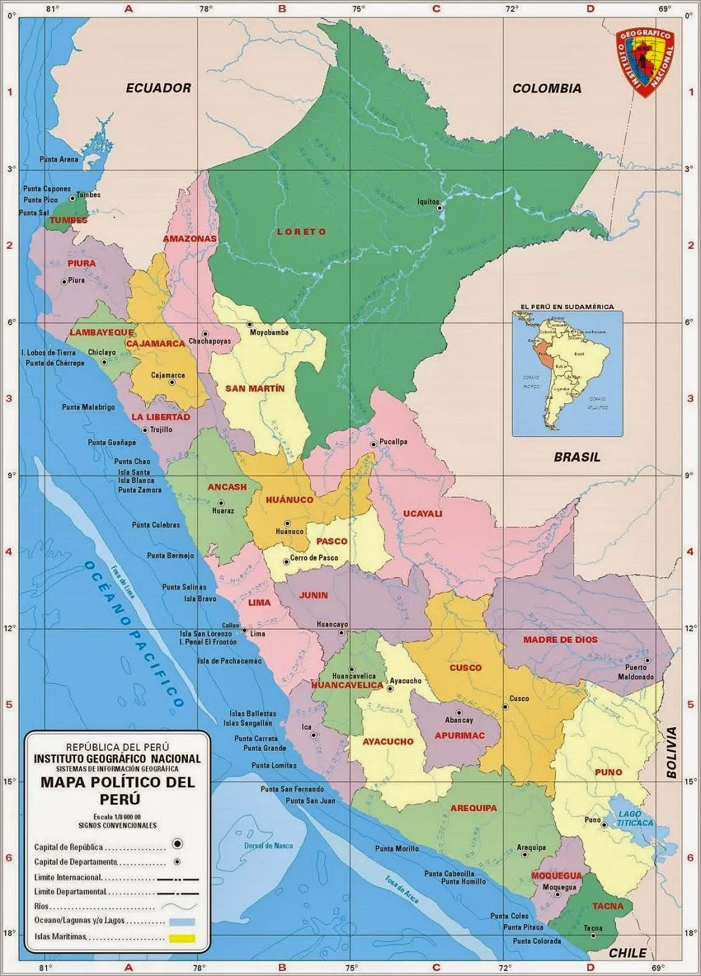 Mapas: Mapa de Perú con División Política - Departamentos y capitales