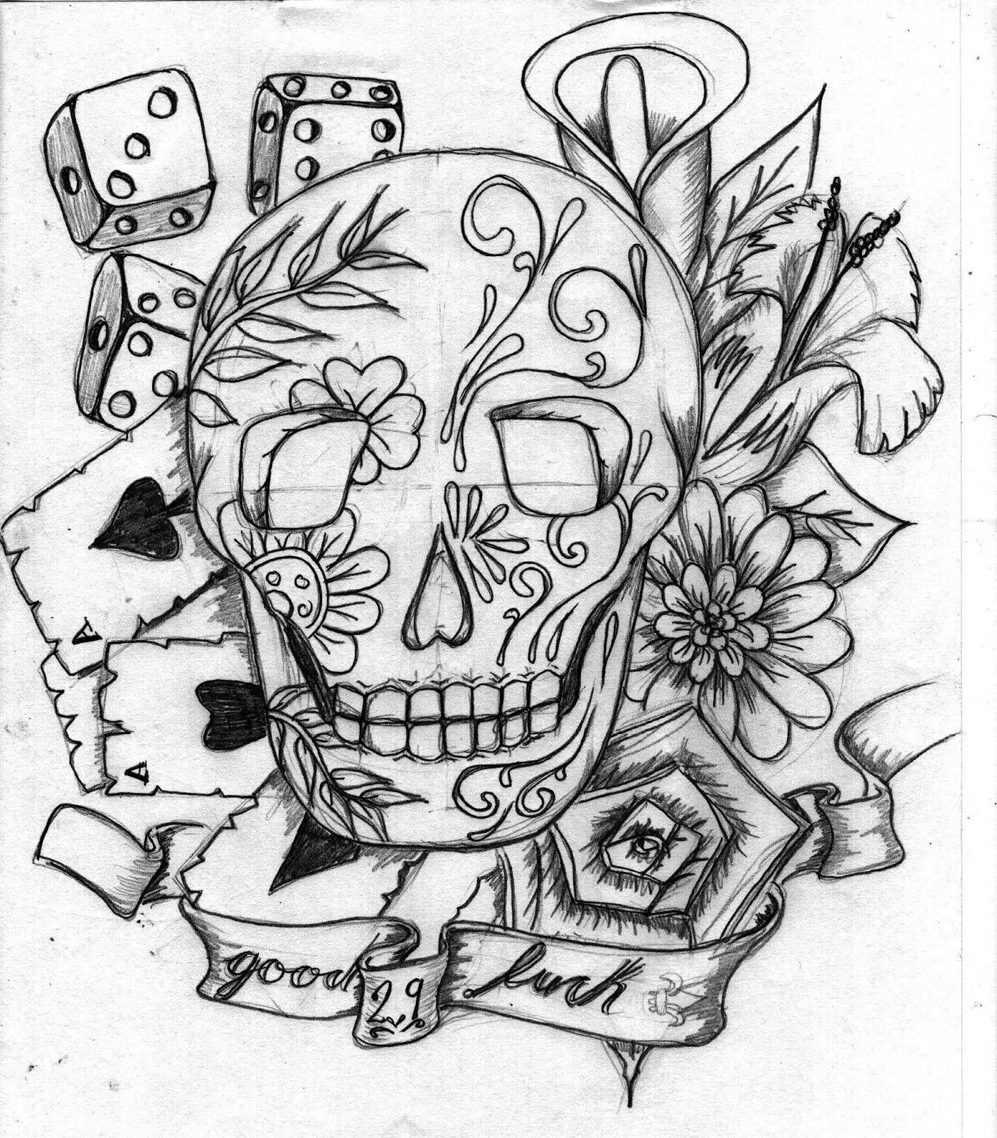 Marcos Guillén Guillén: Calavera con flores, cartas, dados y buena ...