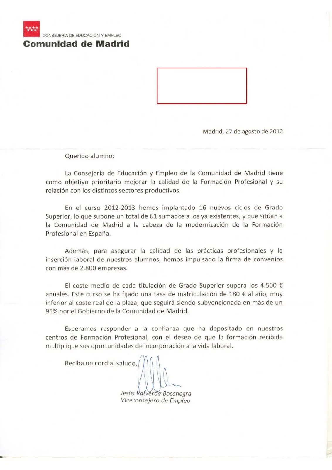 MareaVerde: Carta de la Consejería de Educación a los alumnos de FP