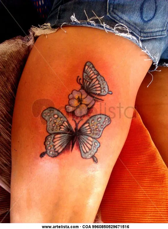 Mariposas azules y flor por Moacir Lemos,tatuador Madrid,tatuajes ...