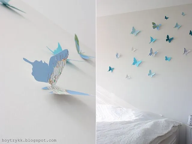 Mariposas hechas con mapas para decorar la pared : x4duros.