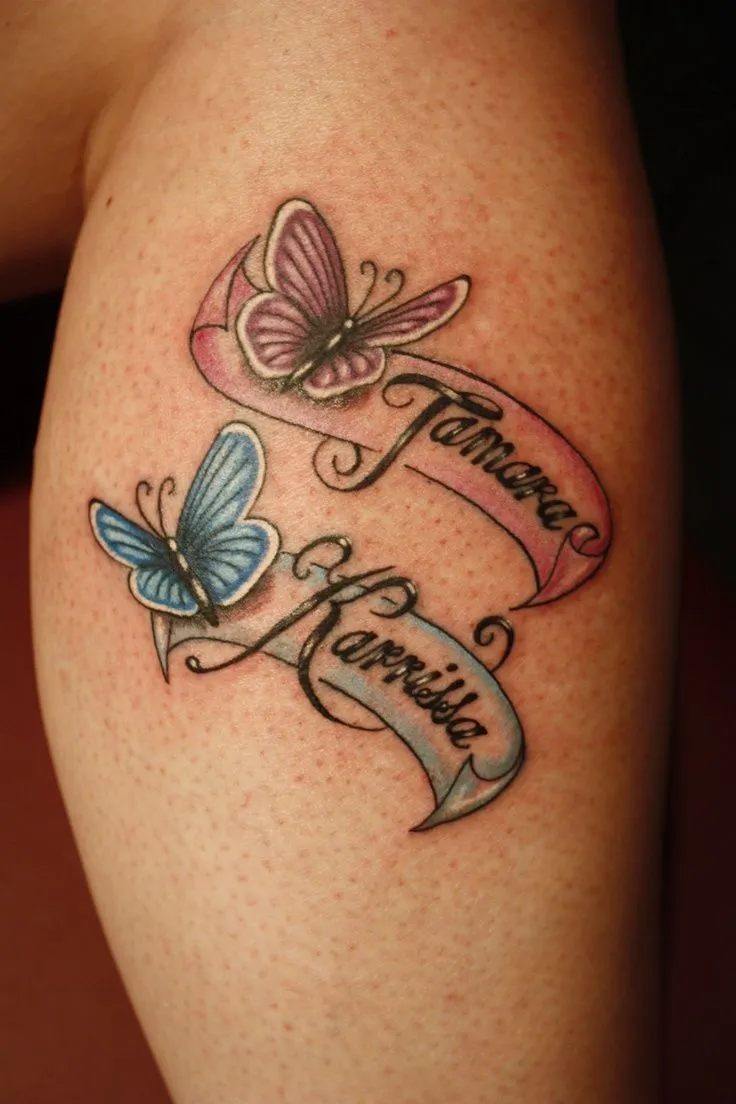 Mariposas con Lazos con Nombre de Hijos - Tatuajes para Mujeres